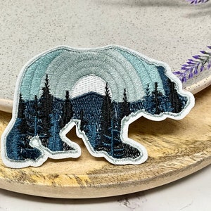 Embroidered IRON ON PATCH Heat Adhesive Bear Moon Mountain Animal Patches Blue Black Bear Adventure Bear with tree patch Jeans image 5