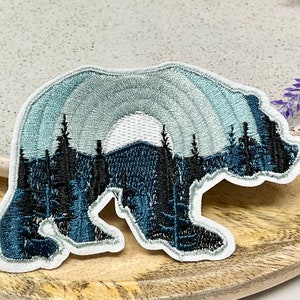Embroidered IRON ON PATCH Heat Adhesive Bear Moon Mountain Animal Patches Blue Black Bear Adventure Bear with tree patch Jeans image 6