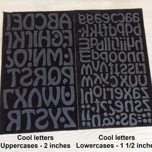 May include: Two black felt sheets with grey letters. One sheet has uppercase letters, 5 cm tall, and the other has lowercase letters, 3.8 cm tall. The text "Cool letters" is at the bottom.