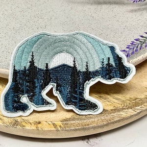 Embroidered IRON ON PATCH Heat Adhesive Bear Moon Mountain Animal Patches Blue Black Bear Adventure Bear with tree patch Jeans image 2