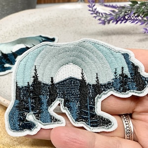 Embroidered IRON ON PATCH Heat Adhesive Bear Moon Mountain Animal Patches Blue Black Bear Adventure Bear with tree patch Jeans image 3