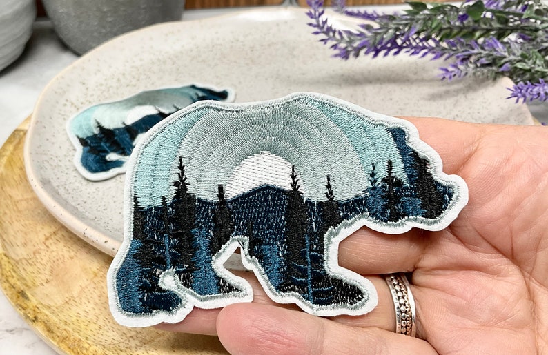 Embroidered IRON ON PATCH Heat Adhesive Bear Moon Mountain Animal Patches Blue Black Bear Adventure Bear with tree patch Jeans image 3