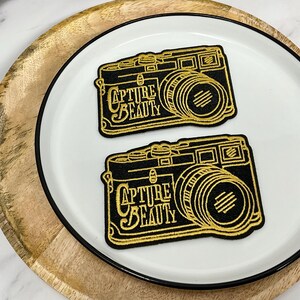 Embroidered IRON on Sew on PATCH Black White Camera Lettering Heat ...