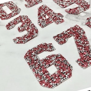 Números 3D de diamantes de imitación de plata rosa, termoadhesivos, ropa personalizable, escritura de números de alta calidad para tarjetas de cartón, fiesta de cumpleaños
