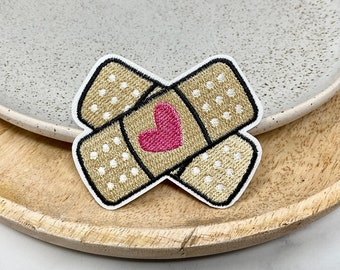 BAND AID Embroidered IRON on Patch Band-aid with heart, Iron Heat Adhesive Applique Badge, Medical Plaster Band-Aid First Aid, Sew on Patch