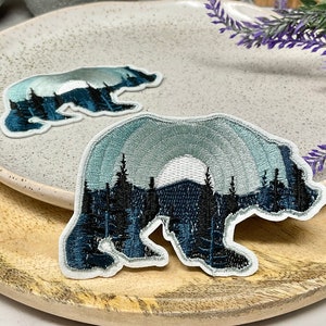 Embroidered IRON ON PATCH Heat Adhesive Bear Moon Mountain Animal Patches Blue Black Bear Adventure Bear with tree patch Jeans image 4