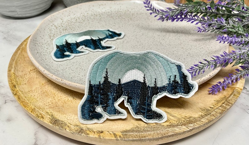 Embroidered IRON ON PATCH Heat Adhesive Bear Moon Mountain Animal Patches Blue Black Bear Adventure Bear with tree patch Jeans image 4