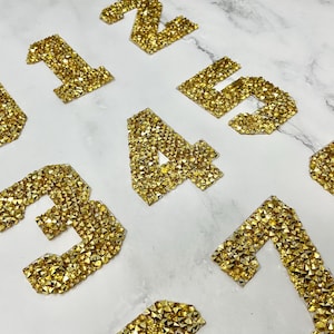Goldene Strass-3D-Zahlen zum Aufbügeln, Personalisierbar für Kleidung, Hochwertige Zahlen zum Aufschreiben, Zahlen für Geburtstagsfeiern, Geschenk zum Geburtstag