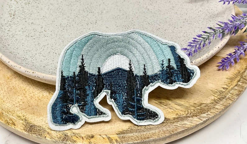 Embroidered IRON ON PATCH Heat Adhesive Bear Moon Mountain Animal Patches Blue Black Bear Adventure Bear with tree patch Jeans image 1