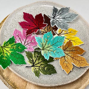 May include: Assortment of colourful embroidered iron-on patches in the shape of maple leaves. The patches are in shades of green, red, pink, blue, yellow, and grey.