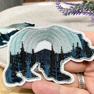 Embroidered IRON ON PATCH Heat Adhesive Bear Moon Mountain Animal Patches Blue Black Bear Adventure Bear with tree patch Jeans image 7