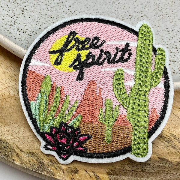 FREE SPIRIT Embroidered IRON on Patch Cactus Heat Adhesive Travelling Decoration Ornement Desert Plant Flower Forest, gift