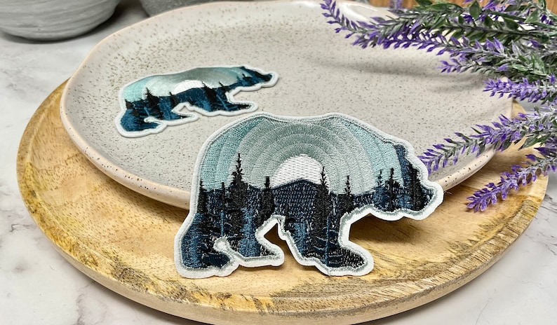 Embroidered IRON ON PATCH Heat Adhesive Bear Moon Mountain Animal Patches Blue Black Bear Adventure Bear with tree patch Jeans image 8