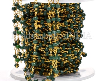 3-3.5mm 24k Gold Plated Wire Wrapped Rosary Chain Foot GemMartUSA 30002 Emerald Jade Faceted Beads Rosary