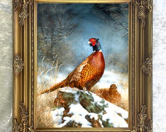 Fine Ornate Framed Oil Painting Print on Canvas of a Pheasant in a Wintry Landscape