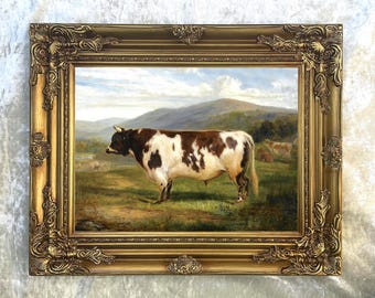 Fine Ornate Framed Oil Painting Print "A Prize Bull in a Landscape"
