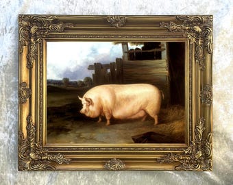 Black Prize Pig 19th Century Folk Art Oil Painting, Farmyard