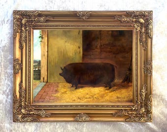 Ornate Framed Oil Painting Print on Canvas - Prize Pig in a Stable
