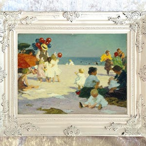Exquisita pintura al óleo enmarcada y ornamentada impresa sobre lienzo "El vendedor de globos" según Edward Potthast
