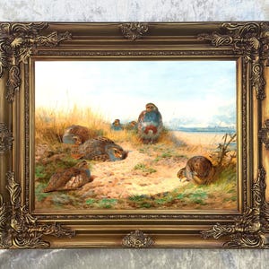 Ornate Framed Oil Painting Print on Canvas of a Partridges in a Moorland Landscape