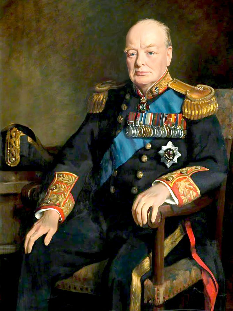 Retrato de Winston Churchill - Impresión en lienzo estirado con un fino marco ornamentado. imagen 2
