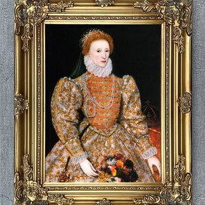 Grote vergulde ingelijste lithografie op uitgerekt canvas Portret van koningin Elizabeth 1e afbeelding 1