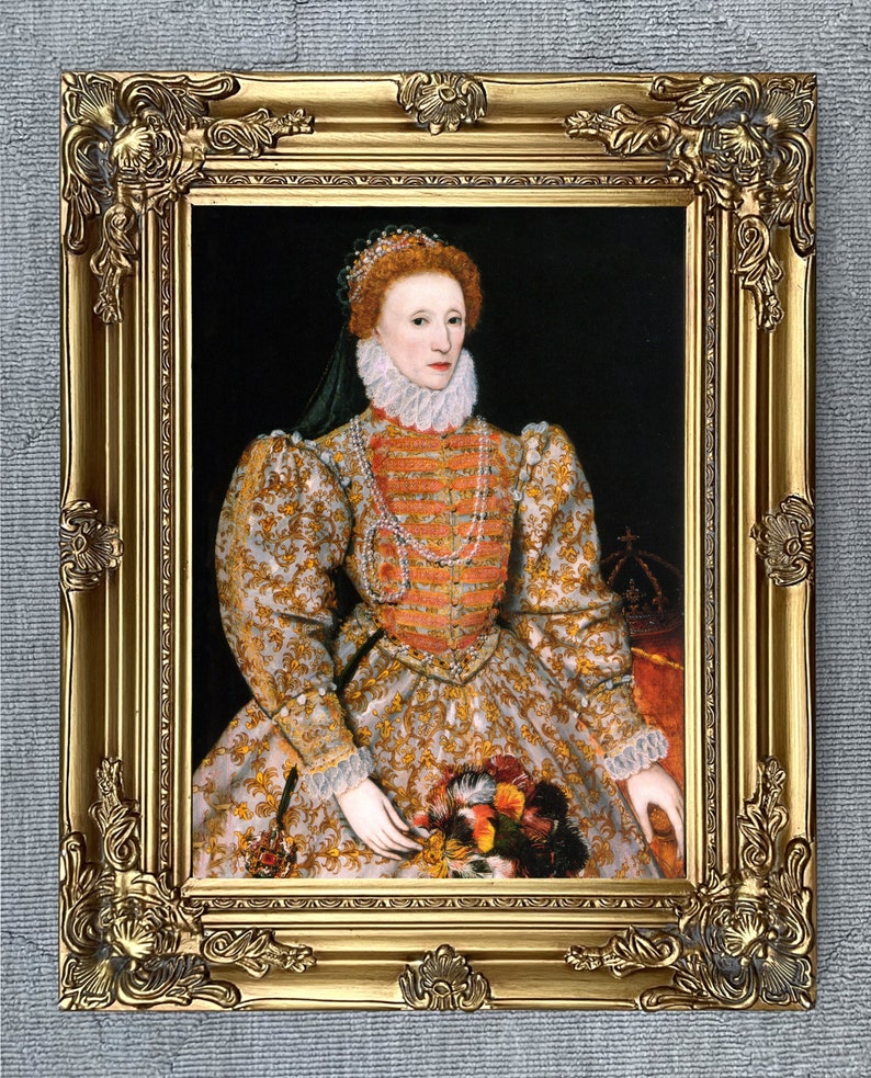 Grote vergulde ingelijste lithografie op uitgerekt canvas Portret van koningin Elizabeth 1e afbeelding 1