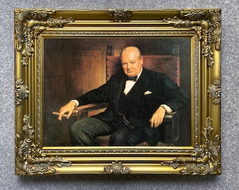 Litografía fina y ornamentada con marco dorado de Winston Churchill