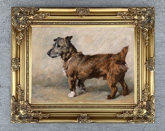 Gilt Framed Oleograph of a Rough Coated Terrier aft. John Emms