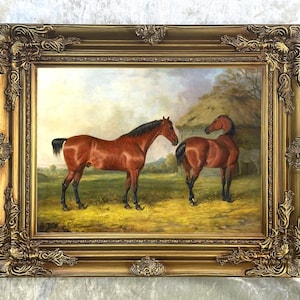 Ornate Framed Oil Painting Print on Canvas of 2 Bay Horses in an Extensive Landscape image 1