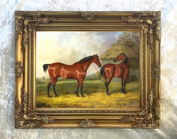 Ornate Framed Oil Painting Print on Canvas of 2 Bay Horses in an Extensive Landscape