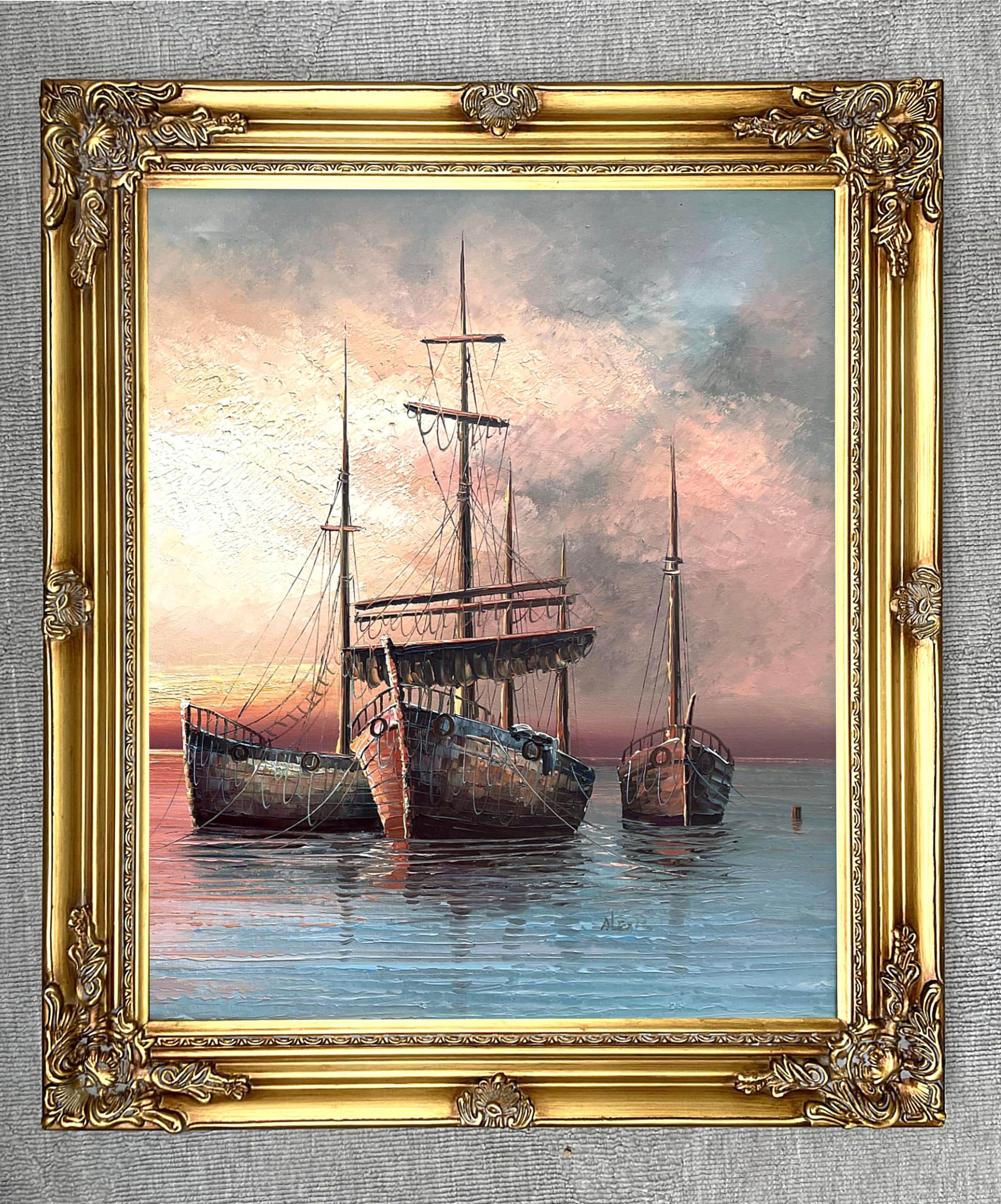 洋書: Ship, Sea & Sky 帆船 Marine art A Fine Large Vintage Mid C20th Impressionist Oil on Canvas