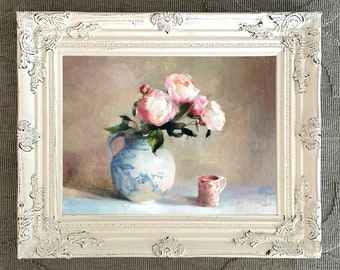 Exquisite Lithograph on Canvas Still Life of Pink and White Peonies in a Blue & White Bowl