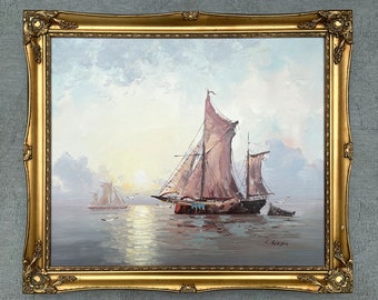 A Superb Large Vintage Mid C20th Impressionist Oil on Canvas - Shipping in a Calm Sea