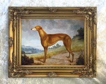 Fine Ornate Framed Oil Painting Print on Canvas - A Brown Greyhound in a Landscape