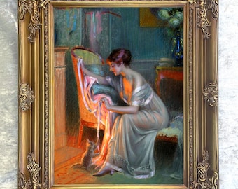 Kunstvolles Ölgemälde Druck auf Leinwand - Porträt einer Eleganten Dame am Kamin