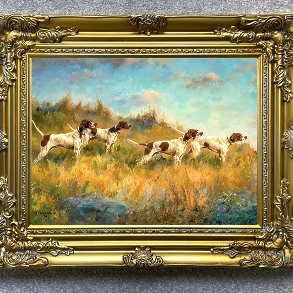 Framed Lithograph of  4 Pointers in a Moorland Landscape