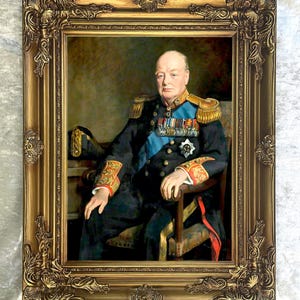 Retrato de Winston Churchill - Impresión en lienzo estirado con un fino marco ornamentado. imagen 1