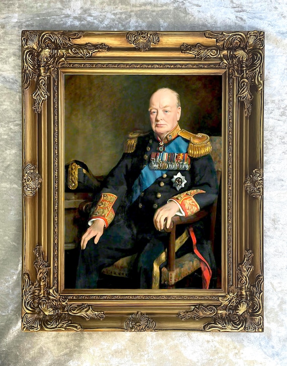Portrait of Winston Churchill - Fine Ornate Framed Oil Painting Print on Stretched Canvas