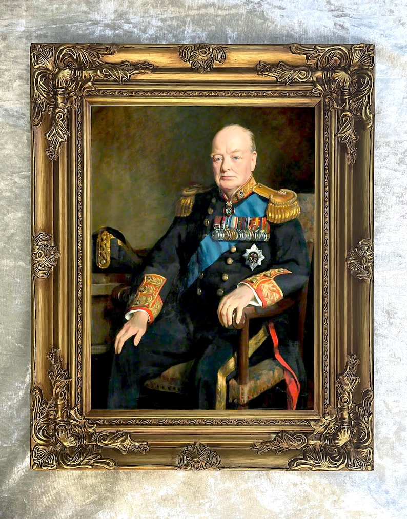 Retrato de Winston Churchill - Impresión en lienzo estirado con un fino marco ornamentado. imagen 1