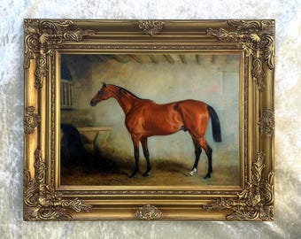 Ornate Framed Oil Painting Print of a Racehorse in a Stable aft. John Ferneley