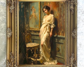 ヴィンテージフローラルな女性の肖像画油絵、クラシックなヨーロッパの
