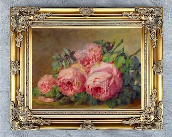 Fine Still Life Lithograph on Canvas Still Life of Pink Roses on a Ledge