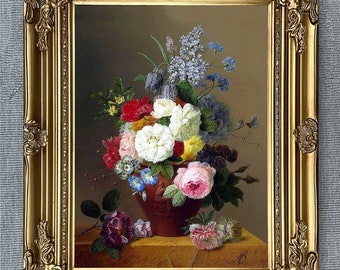Fine Lithograph on Canvas Still Life of Assorted Flowers in a Roman Vase