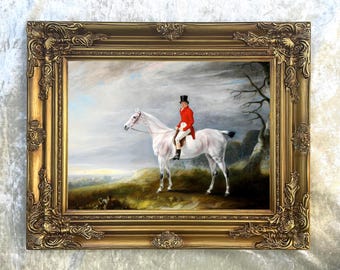 Ornate Framed Oil Painting Print of  a Huntsman on a Grey Horse - aft. John Ferneley