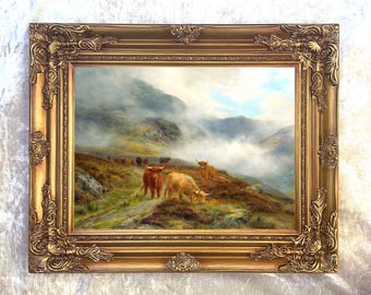 Reproduction d'une peinture à l'huile encadrée et ornée sur toile - Bétail des Highlands « Dans la brume »