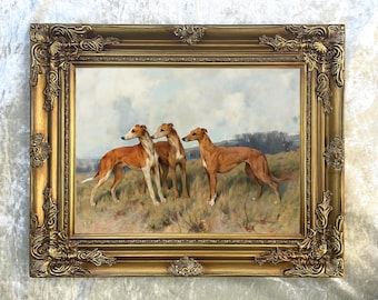 Ornate Framed Oil Painting Print of 3 Greyhounds in a Moorland Landscape