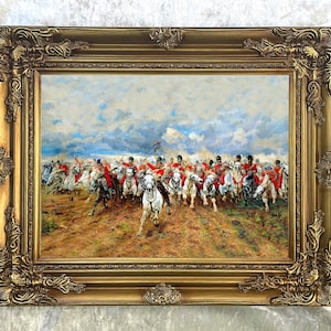 Ornate Framed Oil Painting Print on Canvas -"Scotland Forever" - Charge of the Royal Scots Greys