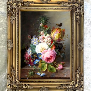 Cuadro al óleo enmarcado y ornamentado, impreso en lienzo: Tulipanes y rosas sobre una repisa de mármol.