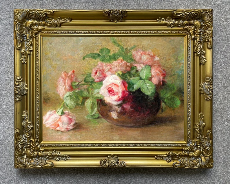 Fine Lithograph on Canvas - Pink White Roses in a Bowl Fine Lithograph on Canvas - Pink White Roses in a Bowl